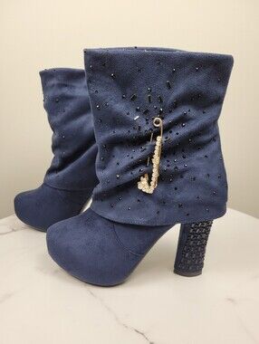 Brand New Navy Blue Gold Pin Suede Platform Boot Heels Shoes Size: 7.5US